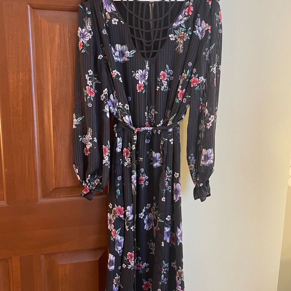 Black Floral Long Sleeve Maxi Dress with Waist Tie